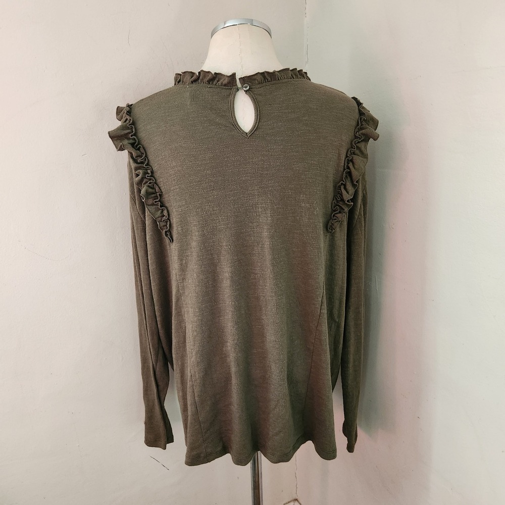 Hayden Los Angeles Olive Green Ruffle Trim‎ Long Sleeve Knit Top 2XL HY2081W - Picture 2 of 5